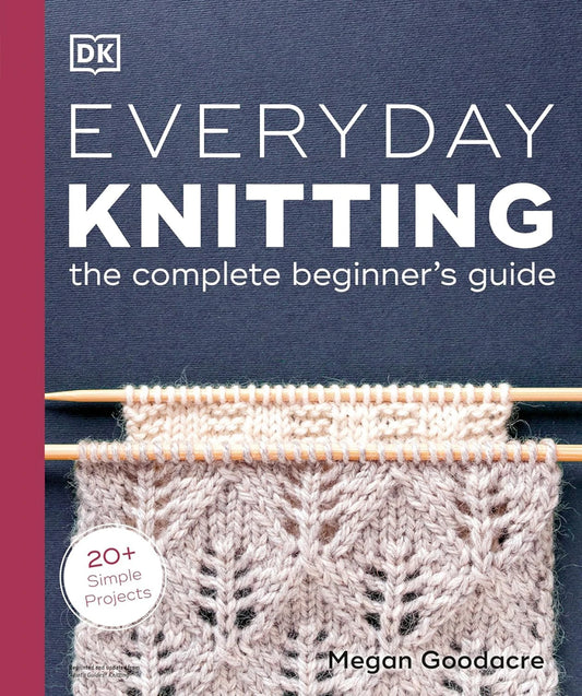 Book cover Everyday Knitting with lace swatch on wooden needles by Checker Distributors complete knitting book for newbies