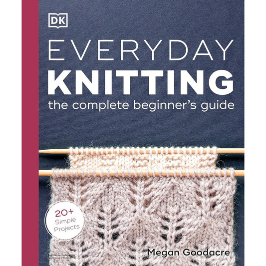 Book cover Everyday Knitting with lace swatch on wooden needles by Checker Distributors complete knitting book for newbies