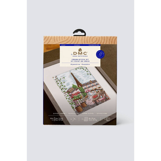 DMC Eiffel Tower Cross Stitch Kit with colorful Parisian scene for crafting enthusiasts