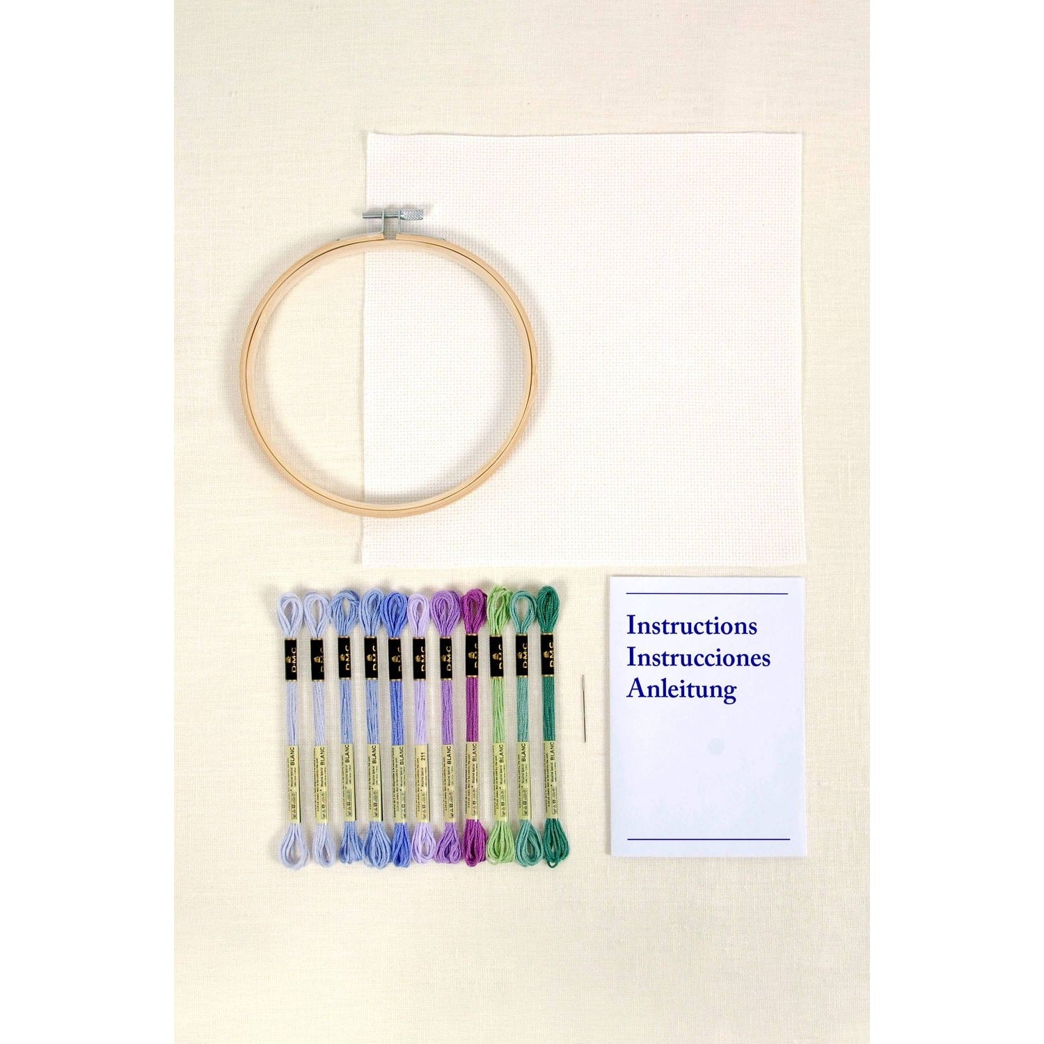 DMC Cross-Stitch Kit with lavender threads, fabric, hoop, and instructions for easy crafting