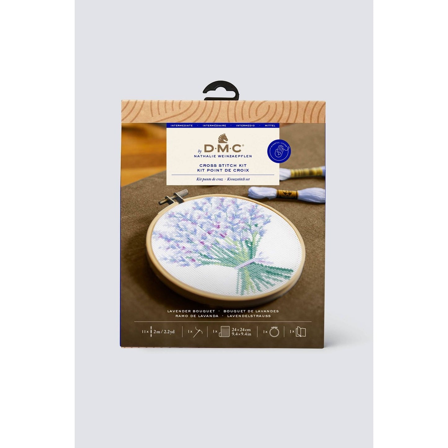 DMC cross-stitch kit featuring beautiful lavender design with included embroidery materials and instructions