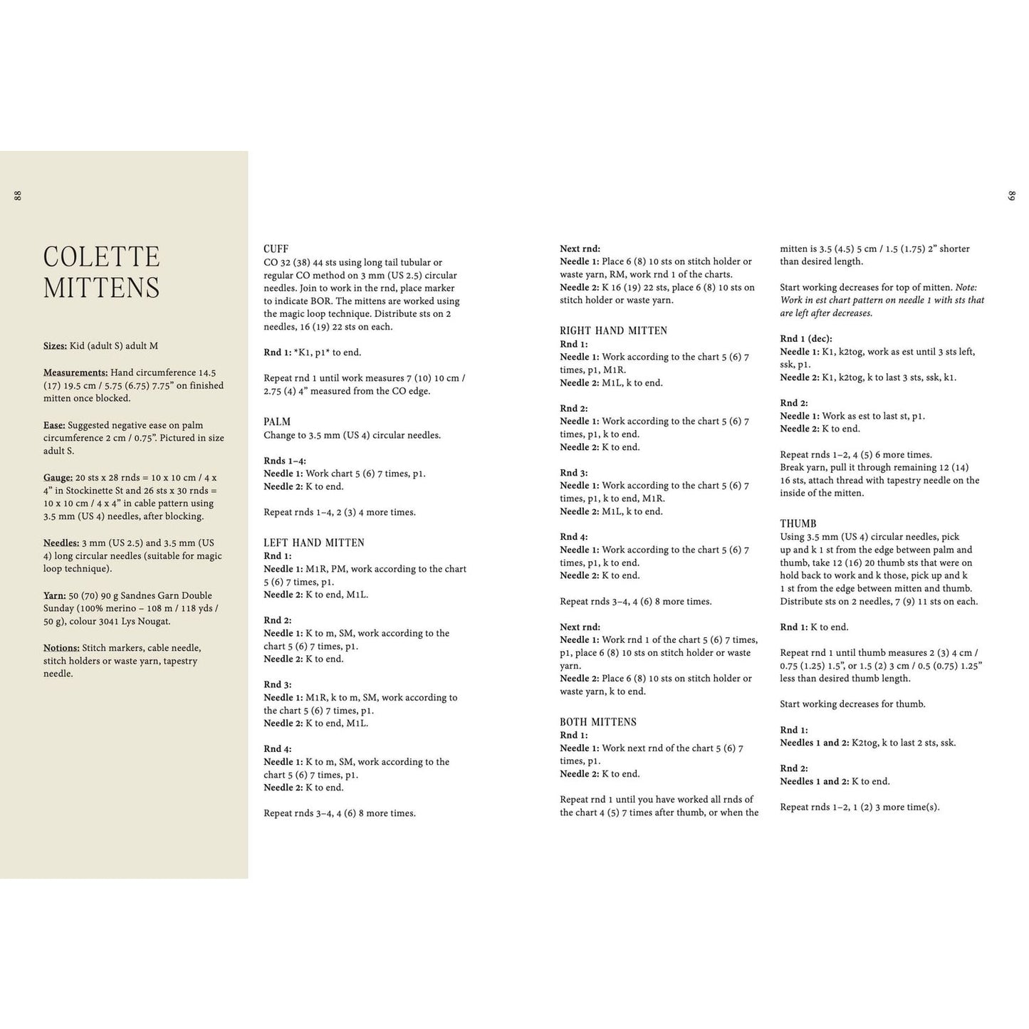 Instruction manual pages for Colette Mittens detailing how to knitwear techniques and patterns
