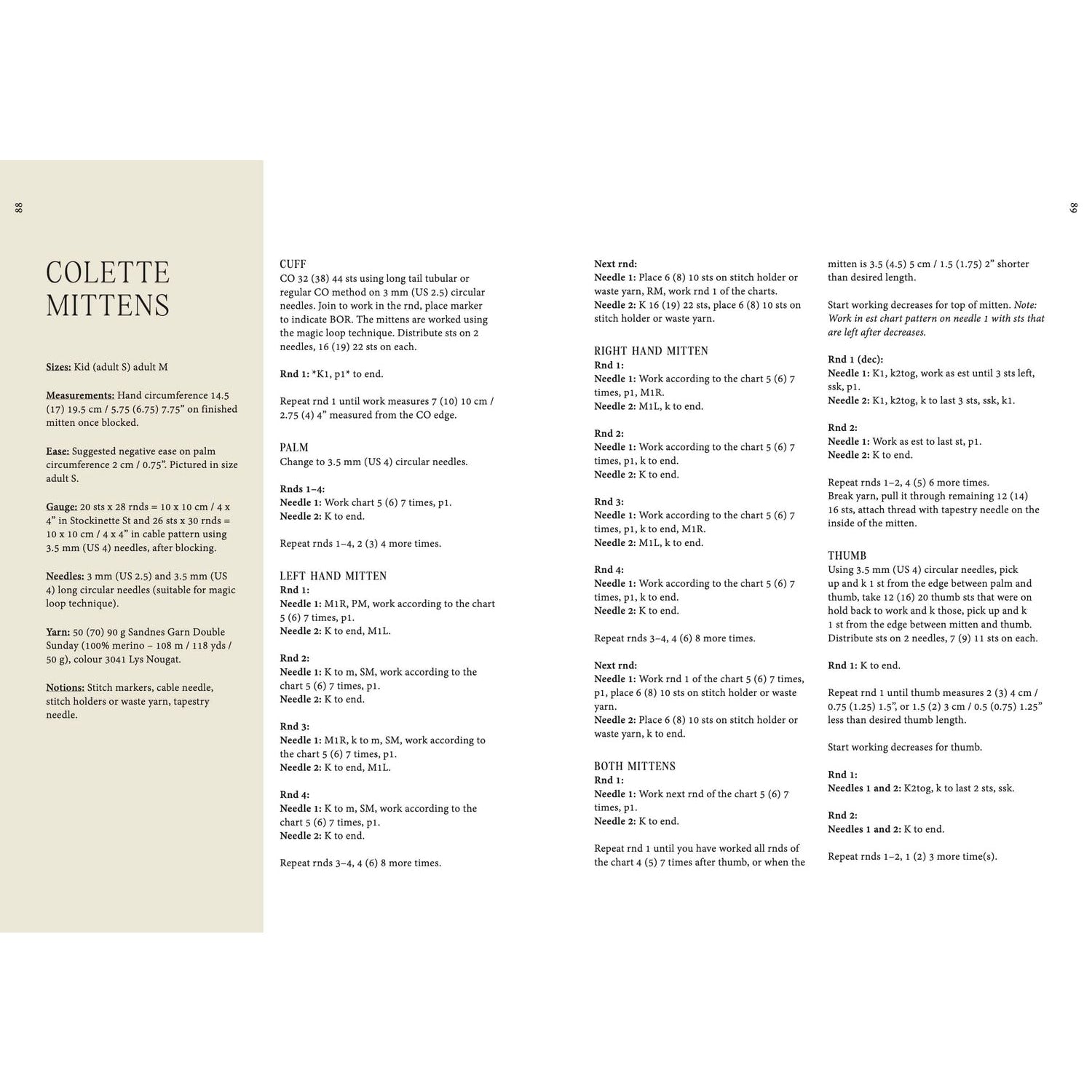 Instruction manual pages for Colette Mittens detailing how to knitwear techniques and patterns