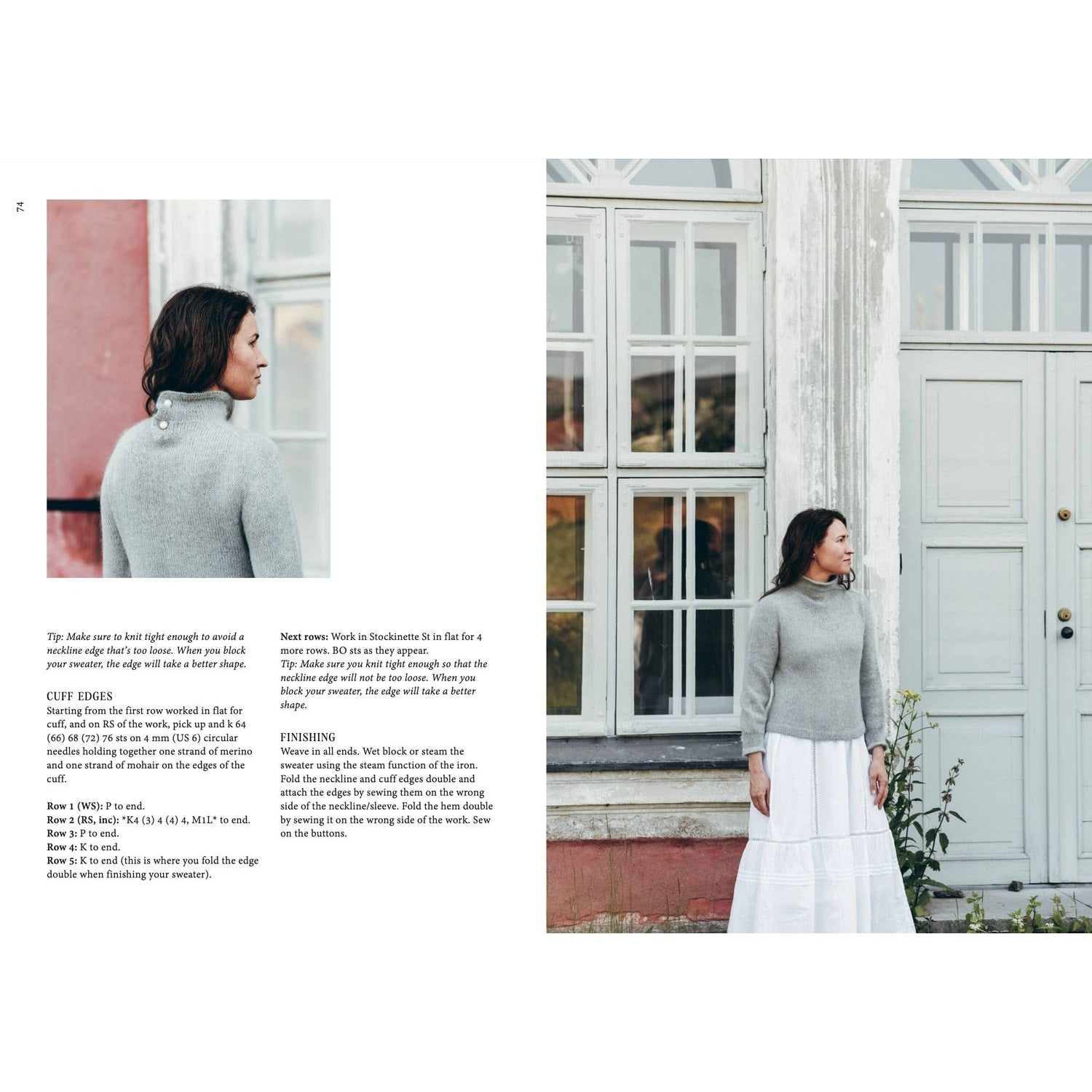 Woman wearing a gray knitted sweater next to a rustic building showing how to knitwear techniques
