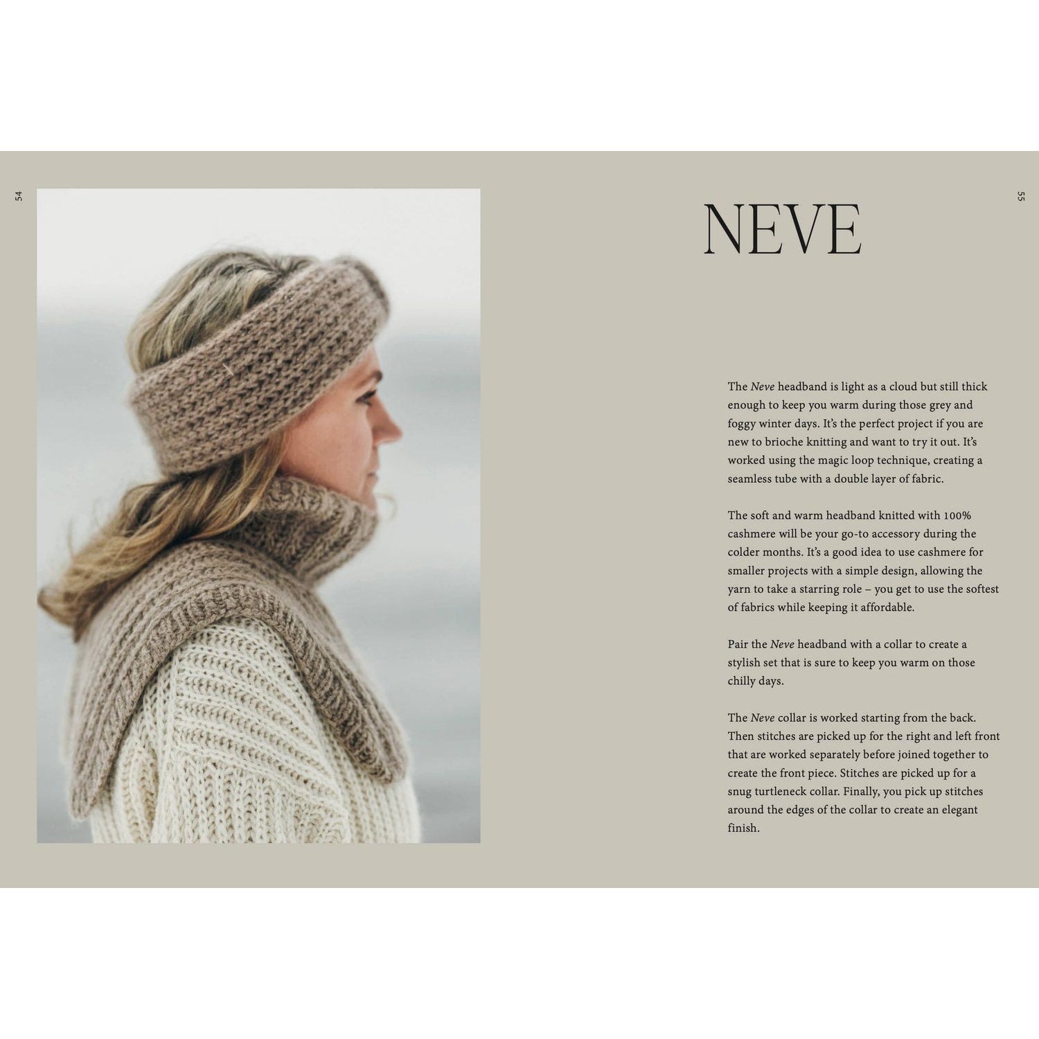 Cozy knitting guide featuring a woman in a light knit headband and collar, illustrating how to knitwear techniques