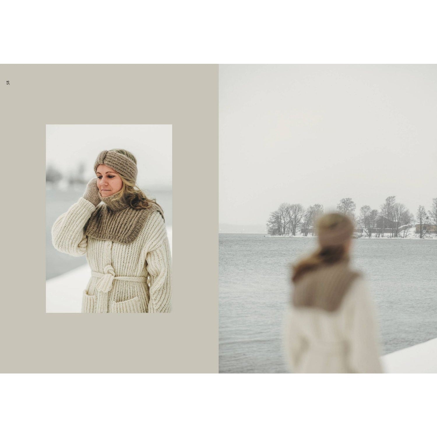 Cozy woman wearing knitted hat and scarf by the water, perfect for learning how to knitwear