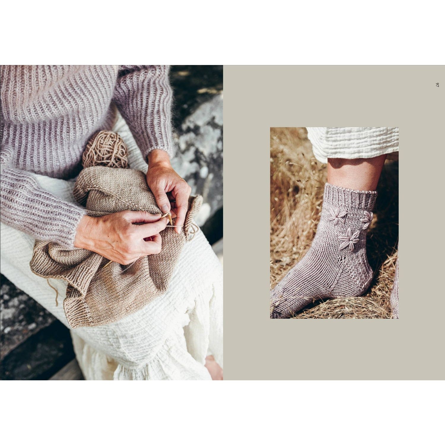 Hands demonstrating how to knitwear, with yarn and partially completed socks in soft colors