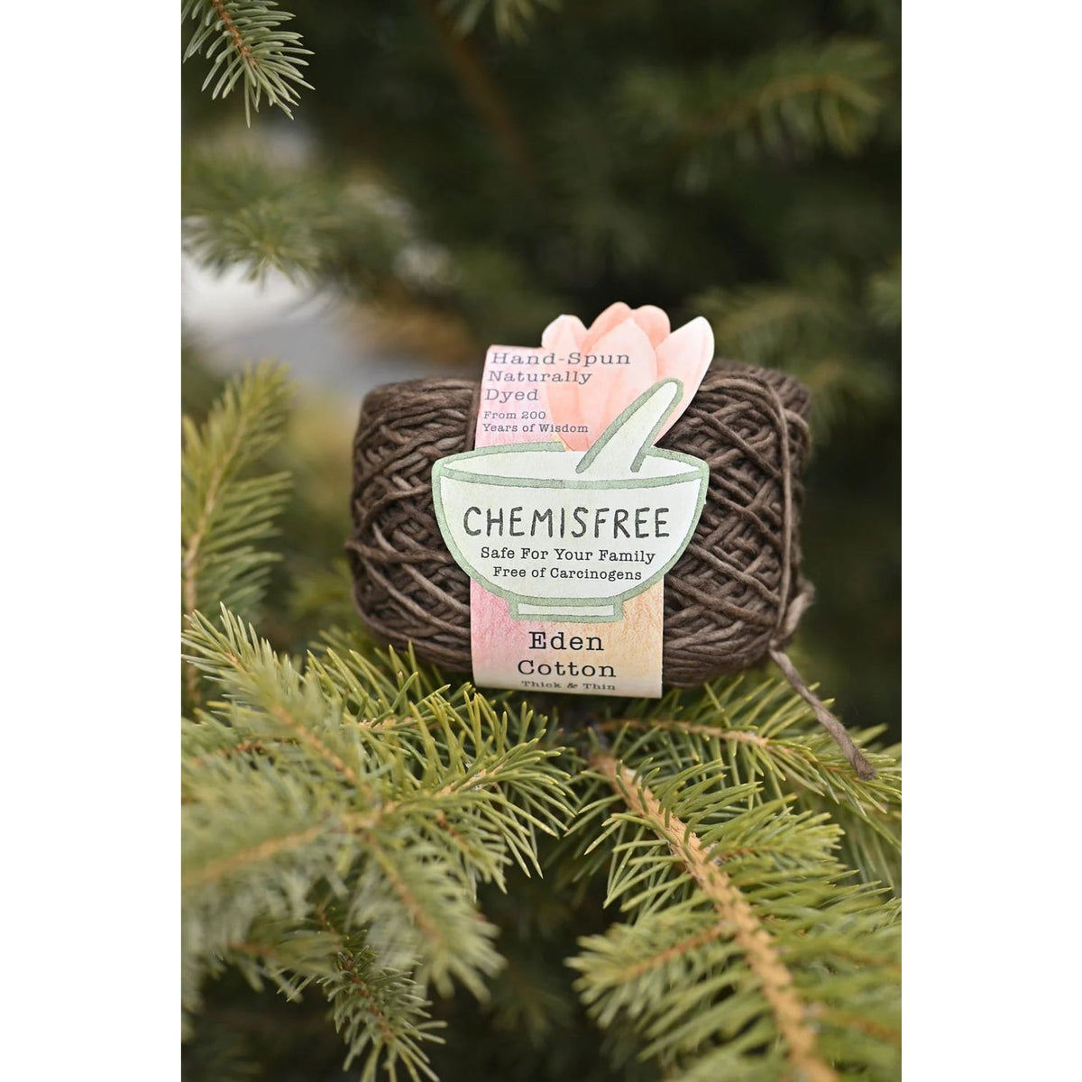 Chemsifree Eden Cotton yarn, hand-spun and naturally dyed, showcasing eco-friendly cotton fabric.