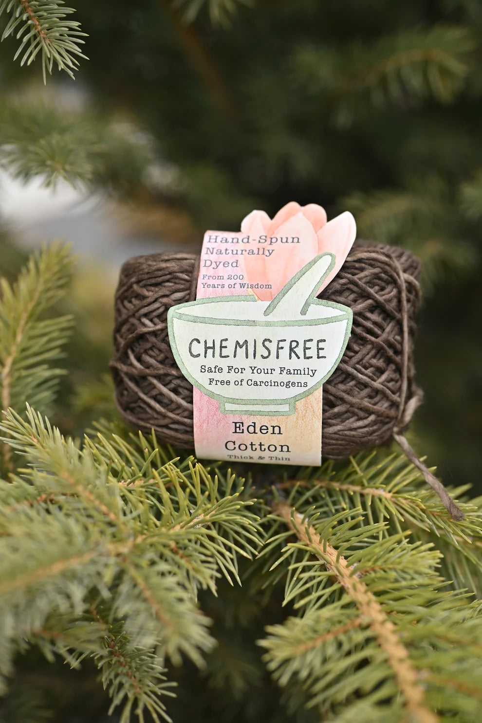 Chemsifree Eden Cotton yarn, hand-spun and naturally dyed, showcasing eco-friendly cotton fabric.