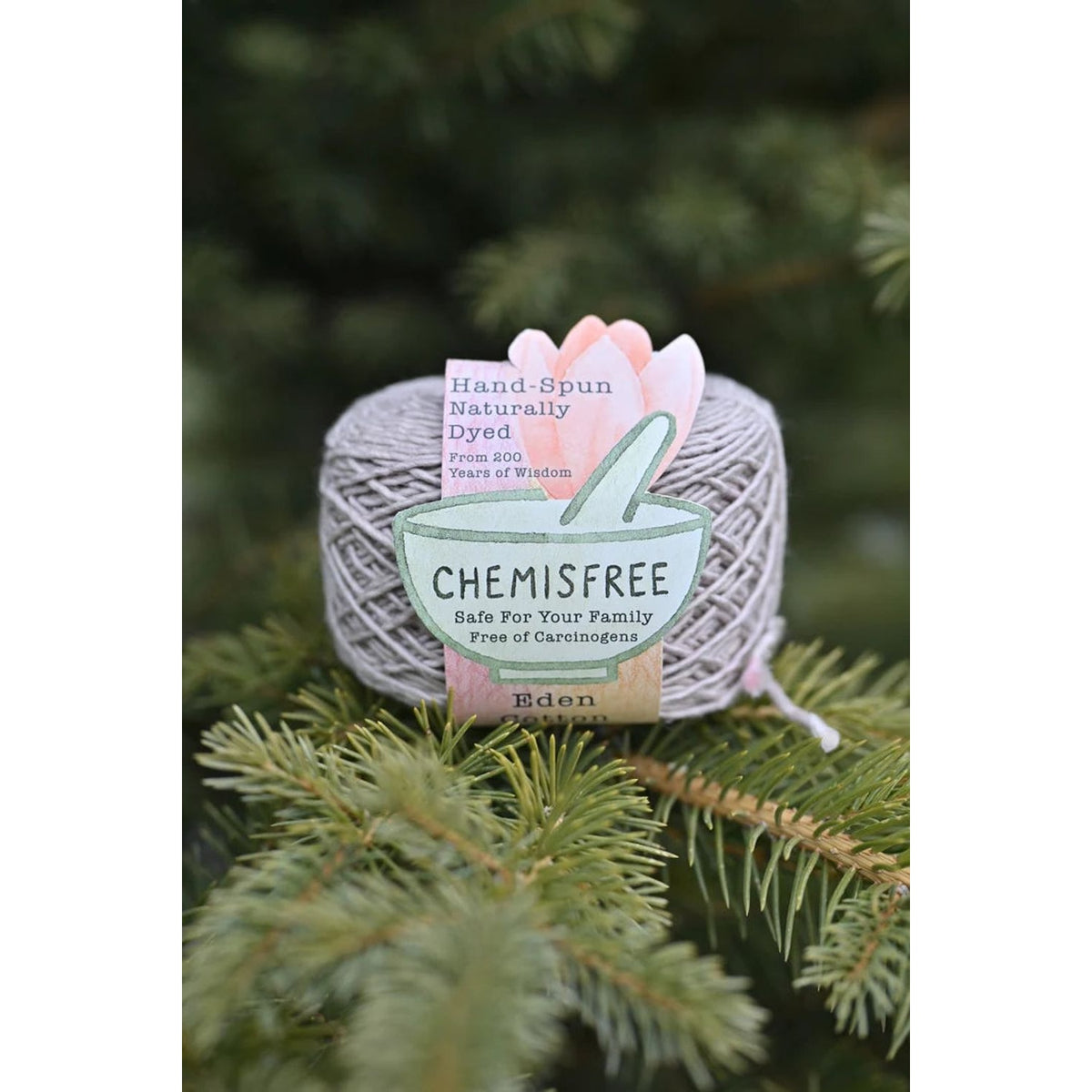Chemisfree Hand-Spun Naturally Dyed Yarn in Gray with a Floral Label, Suitable for Cotton Fabric Projects