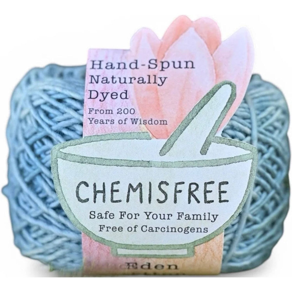 Hand-spun Chemisfree yarn in blue, naturally dyed and safe for your family, made from cotton fabric