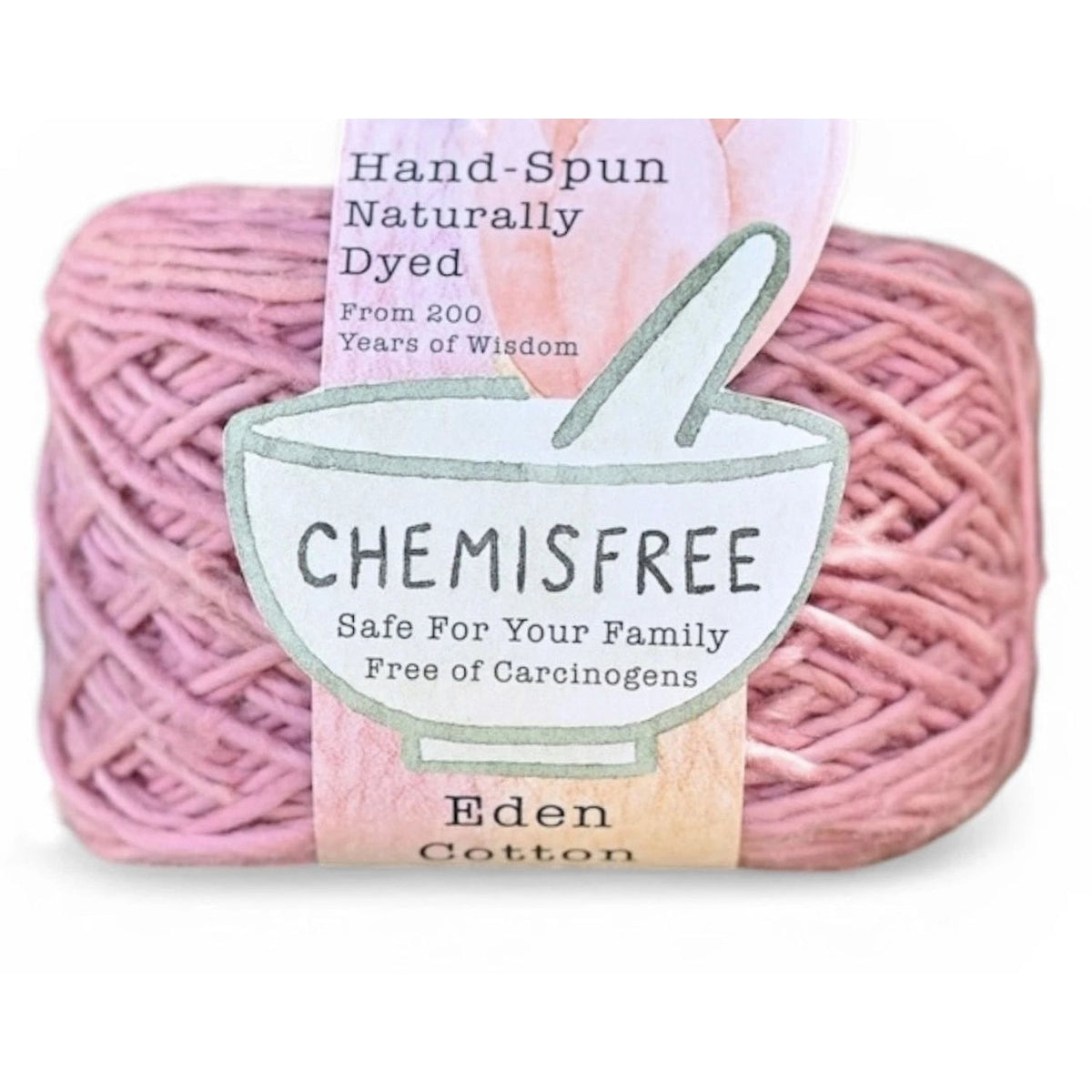 Chemisfree Eden Hand-Spun Naturally Dyed Yarn in Pink, made from cotton fabric for safe crafting