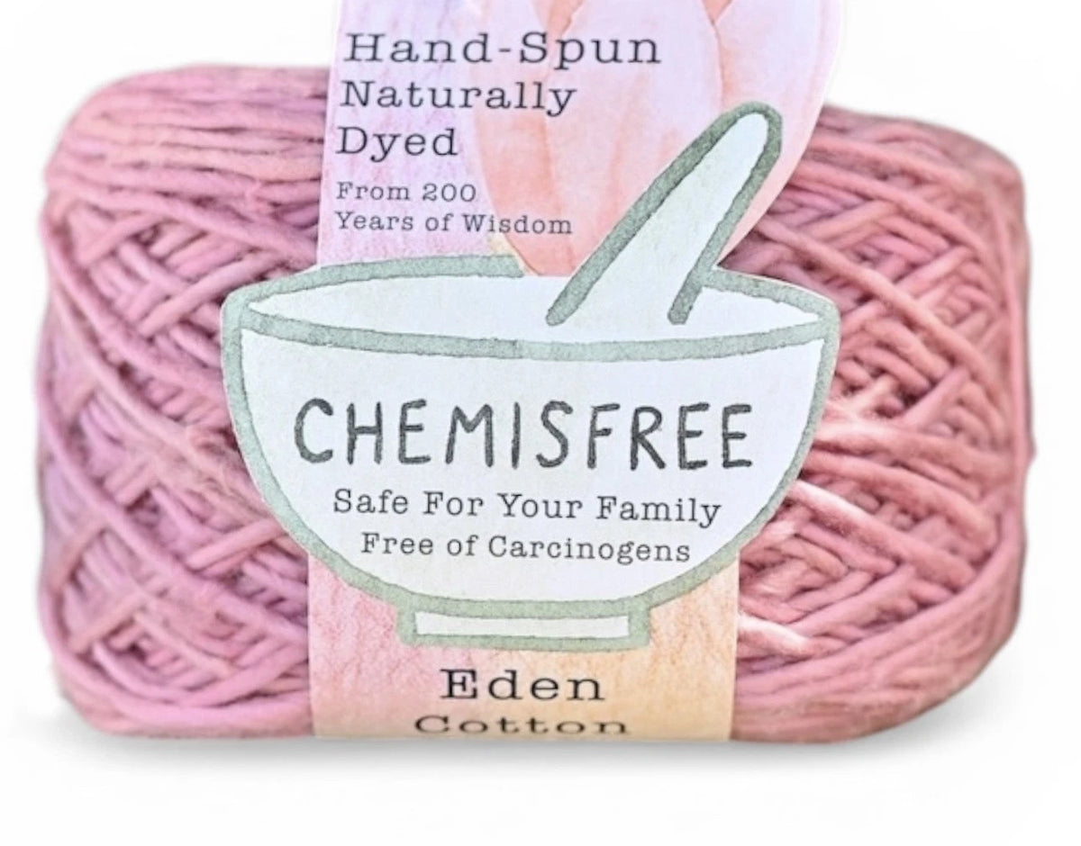 Chemisfree Eden Hand-Spun Naturally Dyed Yarn in Pink, made from cotton fabric for safe crafting