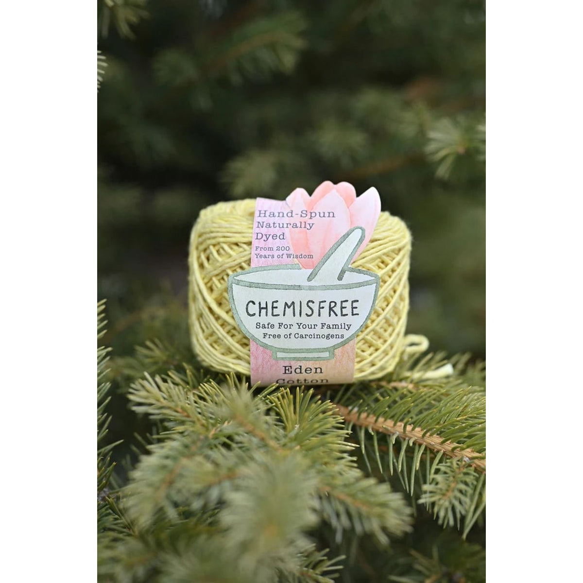 Chemisfree Hand-Spun Naturally Dyed Yarn in Light Green with Cotton Fabric Label for Eco-Friendly Projects