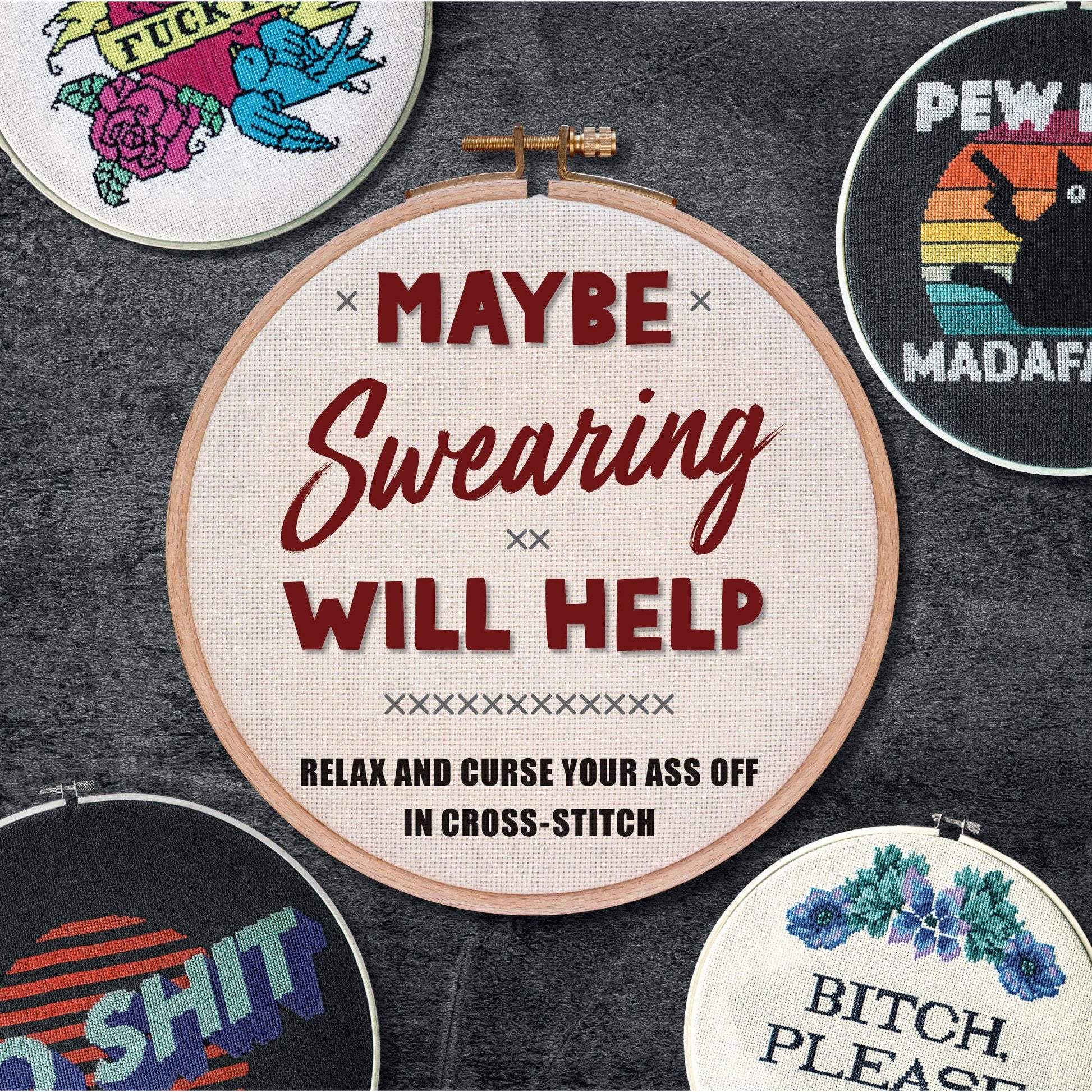 Cross-stitch art that includes 'Maybe swearing will help' with a humorous design for the emp museum of pop culture
