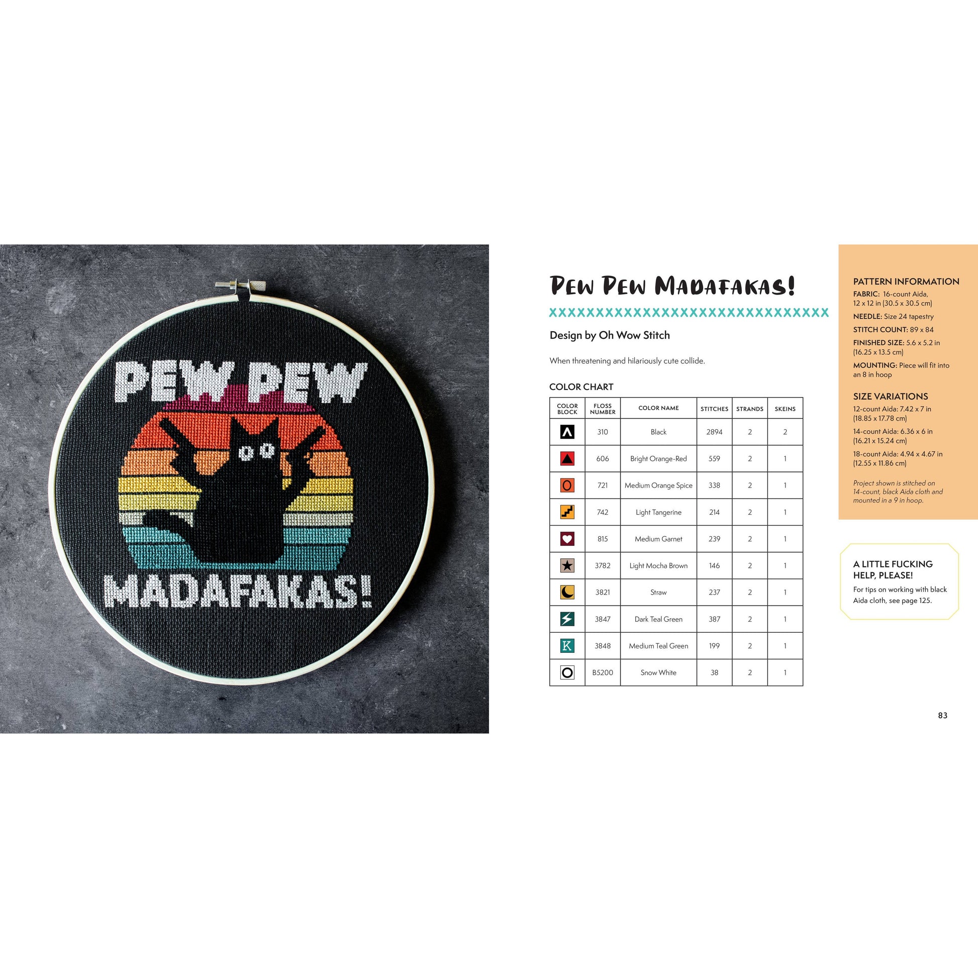 Cross-stitch pattern featuring a cat and the phrase Pew Pew Madafakas for the emp museum of pop culture