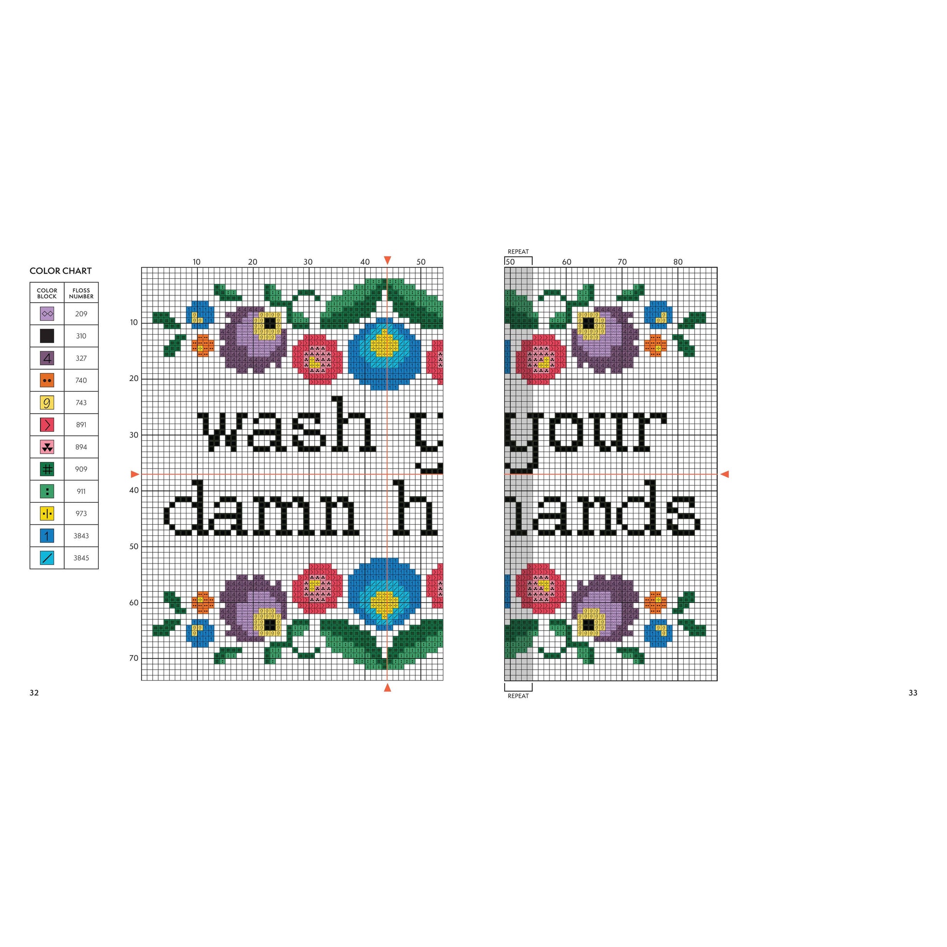 Cross-stitch pattern that reads 'wash your damn hands' with floral design for the emp museum of pop culture