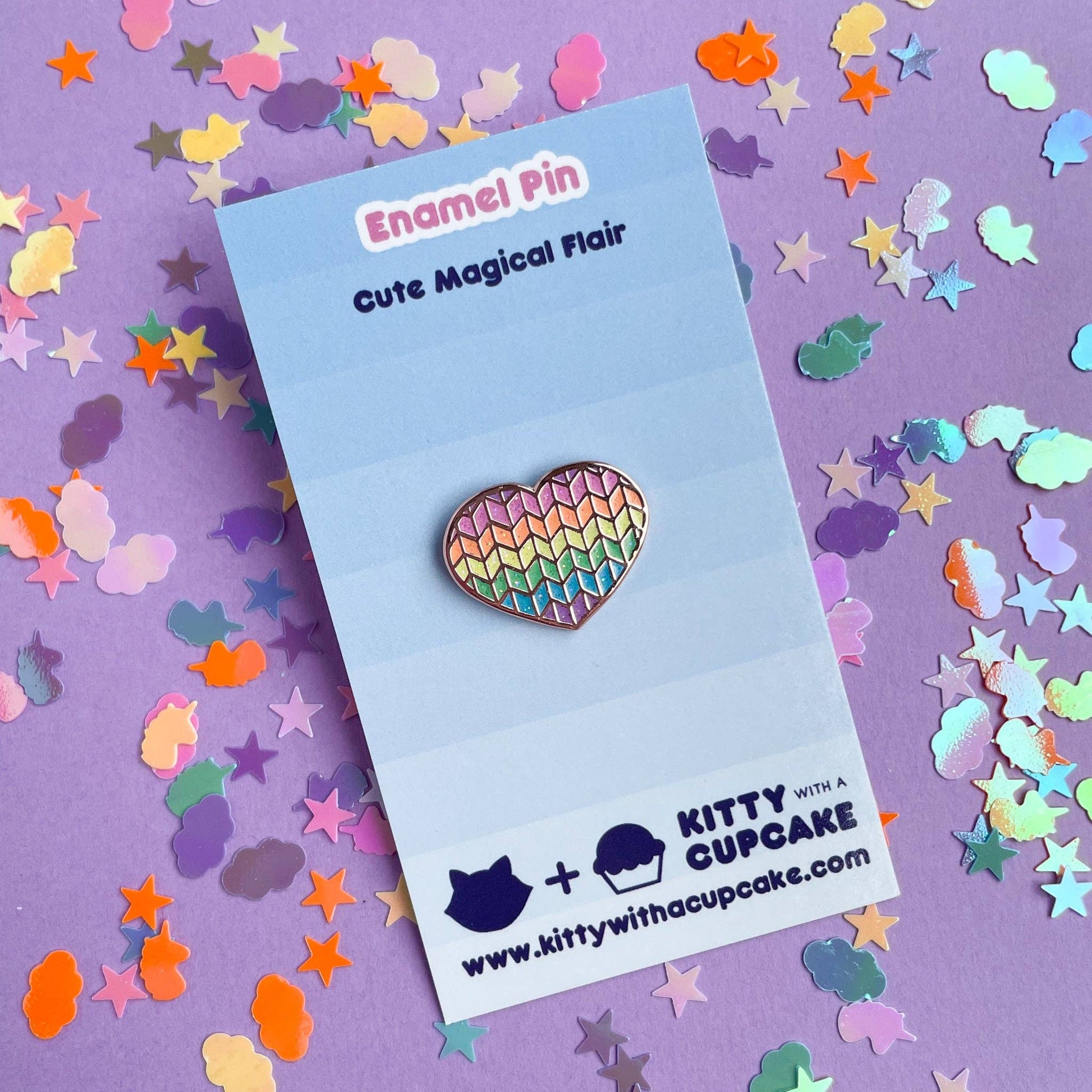 Cute magical flair enamel pin pins in heart shape with colorful holographic design on a vibrant background