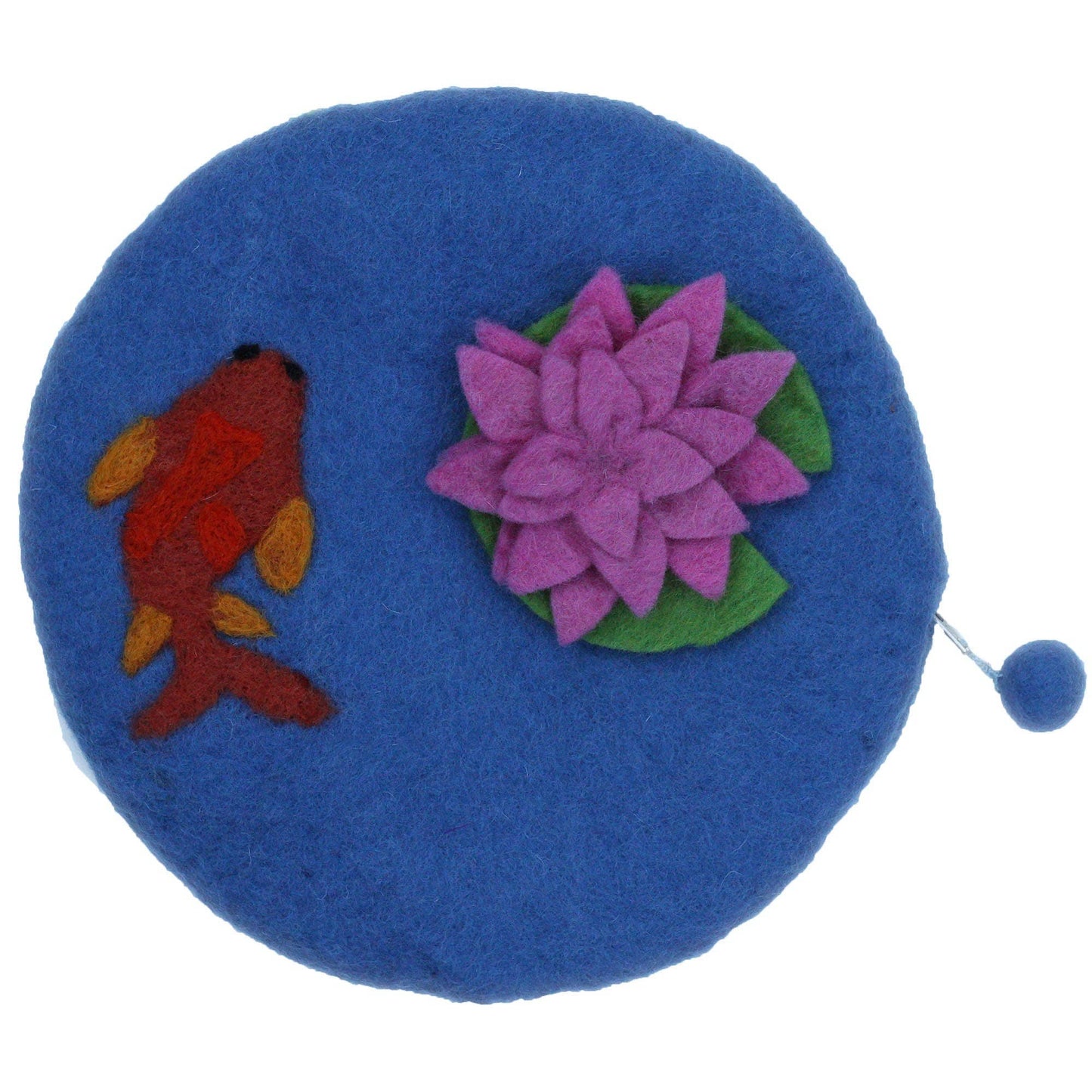 Decorative round felt bag featuring a colorful fish and pink lotus flower design