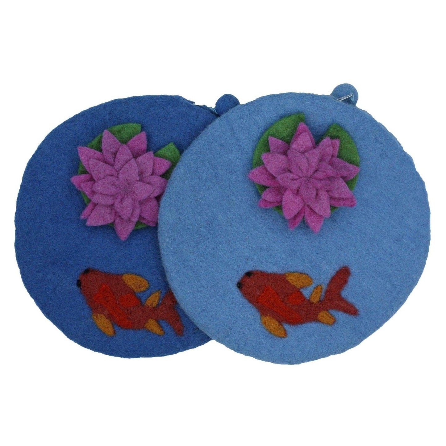 Colorful felt bag featuring vibrant fish and pink lotus designs for stylish storage
