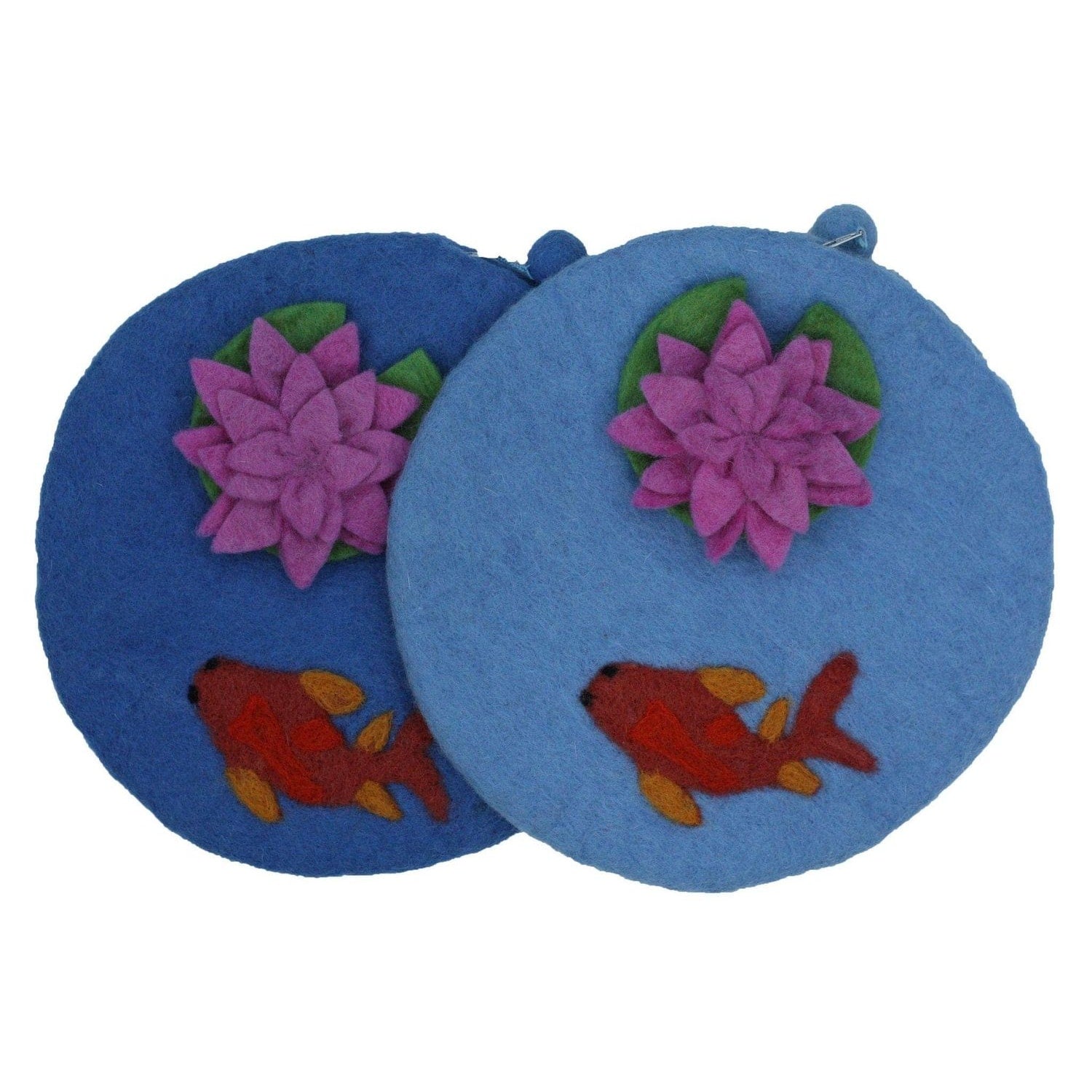 Colorful felt bag featuring vibrant fish and pink lotus designs for stylish storage