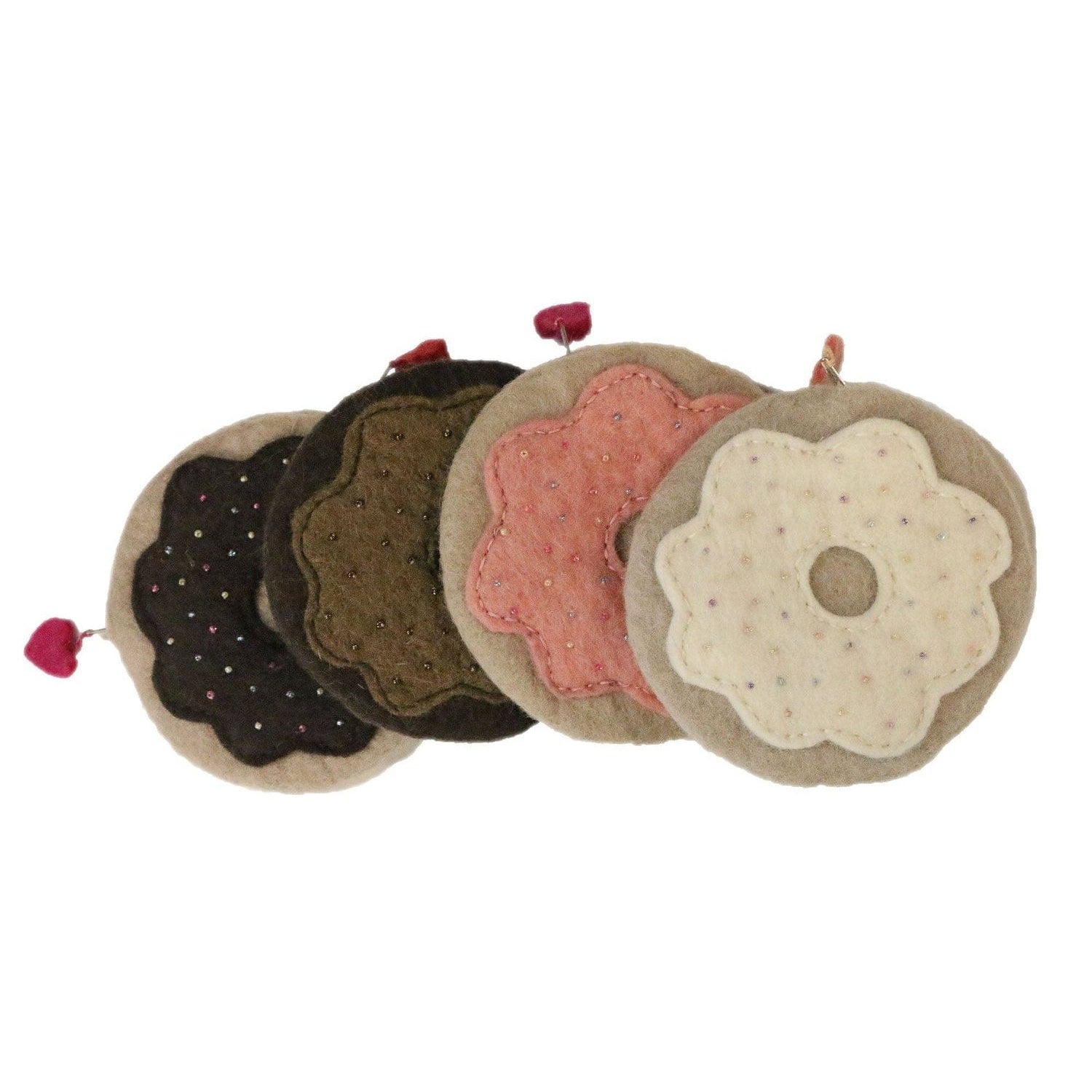 Set of four colorful felt bags featuring flower designs with cute embellishments