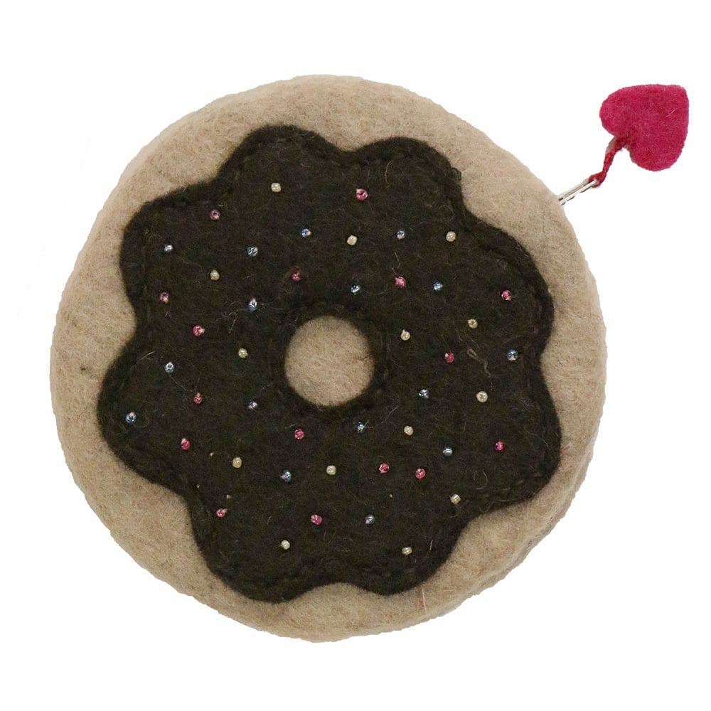 Cute felt bag designed as a donut with colorful sprinkles and a heart-shaped tag