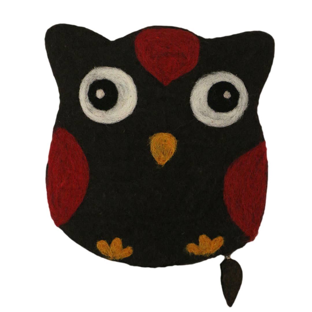 Handmade owl felt bag in black and red with adorable features for carrying essentials