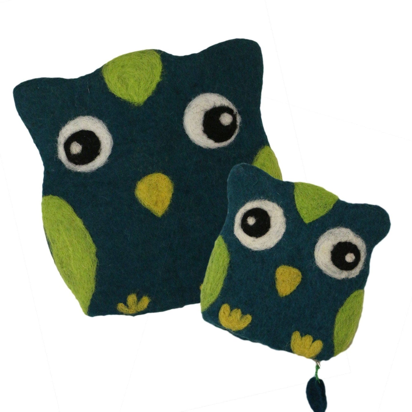 Set of two cute owl felt bags in dark teal with bright green accents, perfect for small items