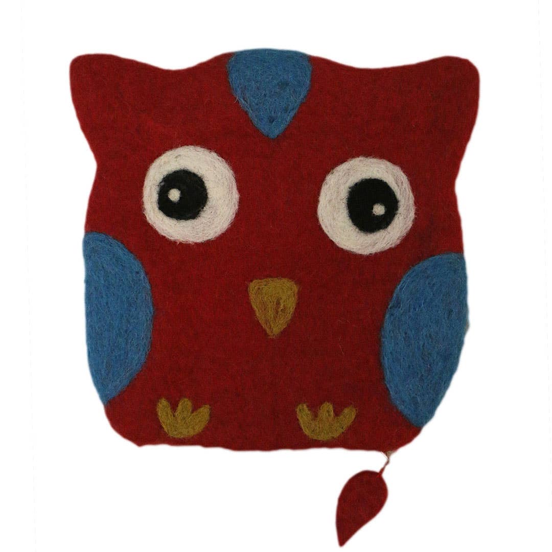 Cute red owl felt bag with blue accents and large expressive eyes for kids or decoration