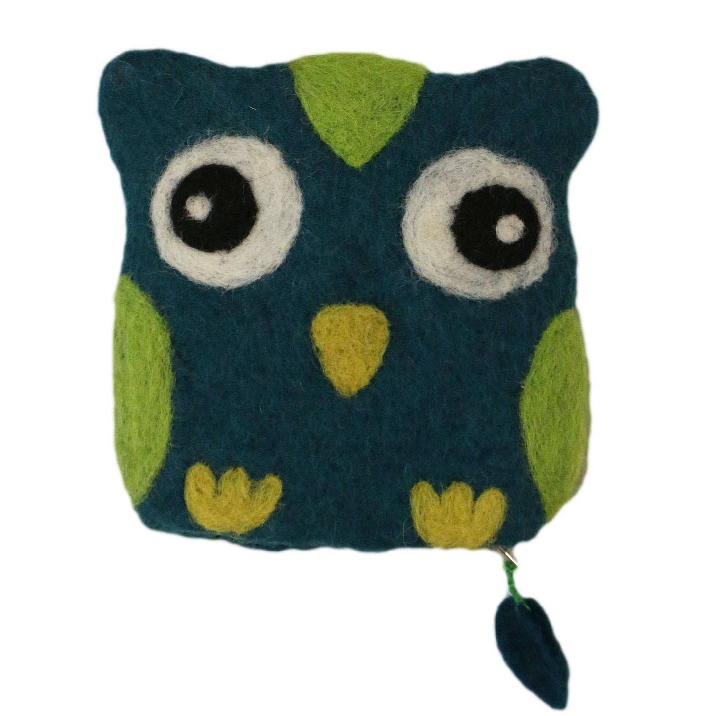 Colorful felt bag shaped like an owl, featuring big eyes and vibrant green accents