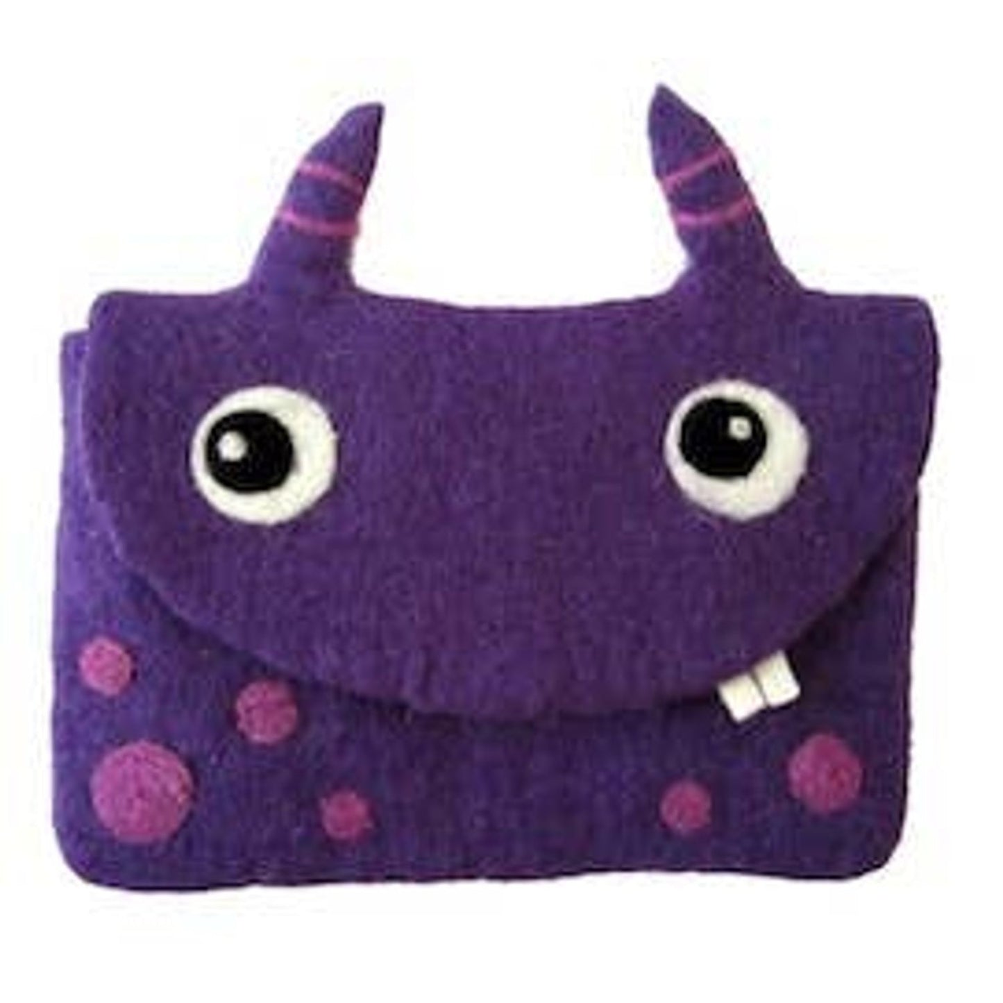 Purple felt bag with quirky monster design and two horns for fun and creativity
