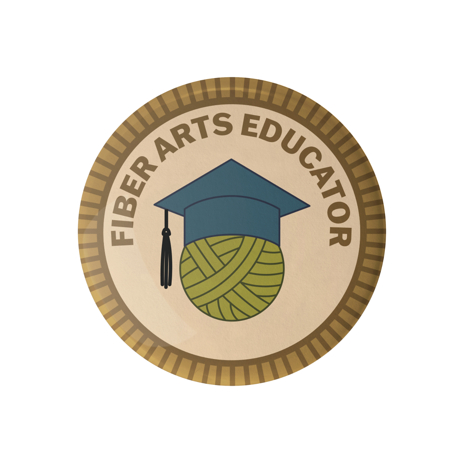 Camp Stitchwood Fiber Arts Educator Badge featuring a graduation cap and yarn ball design