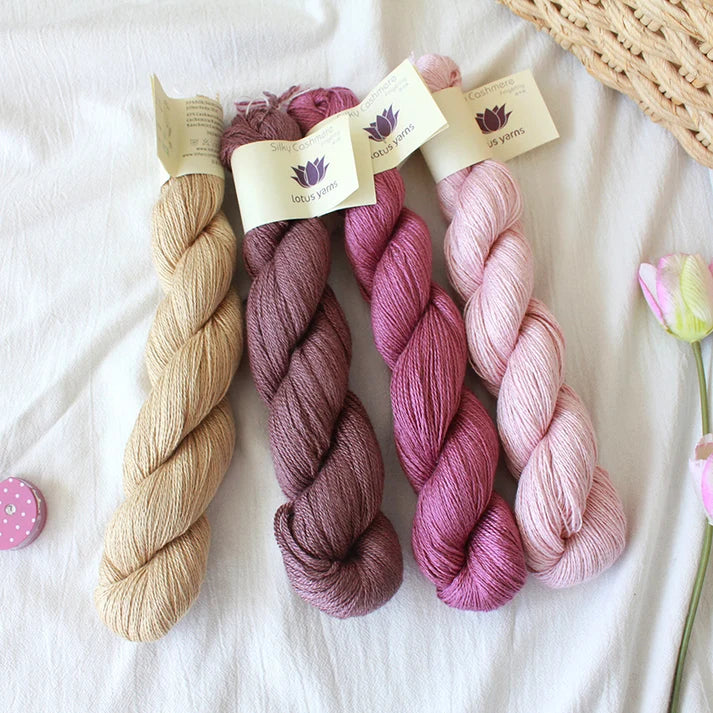 Lotus Yarns Fingering yarn weight in shades of beige and pink for lightweight knitting projects