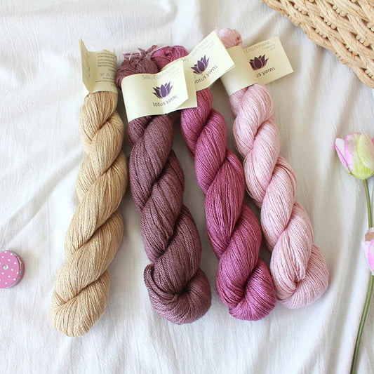 Lotus Yarns Fingering yarn weight in shades of beige and pink for lightweight knitting projects