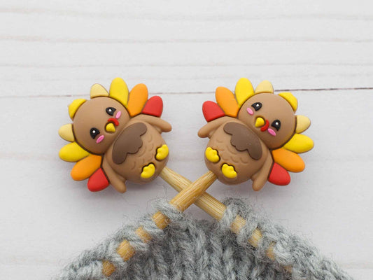 Fox & Pine Stitches turkey knitting accessories two cute turkey stitch holders on wooden needles with gray yarn