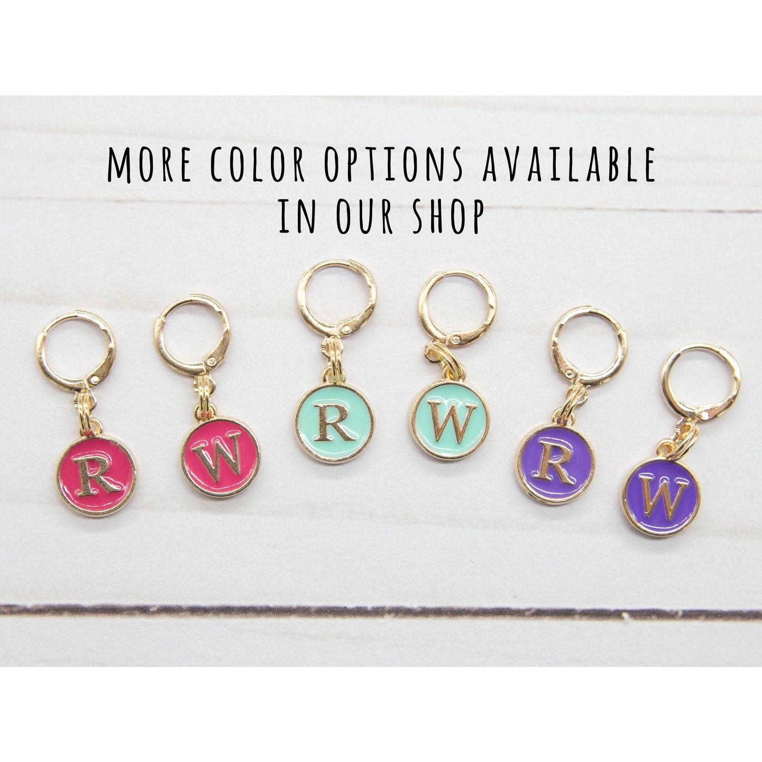 Colorful Stitch Markers for Crocheting with Initials R and W, Gold Accents and Various Color Options