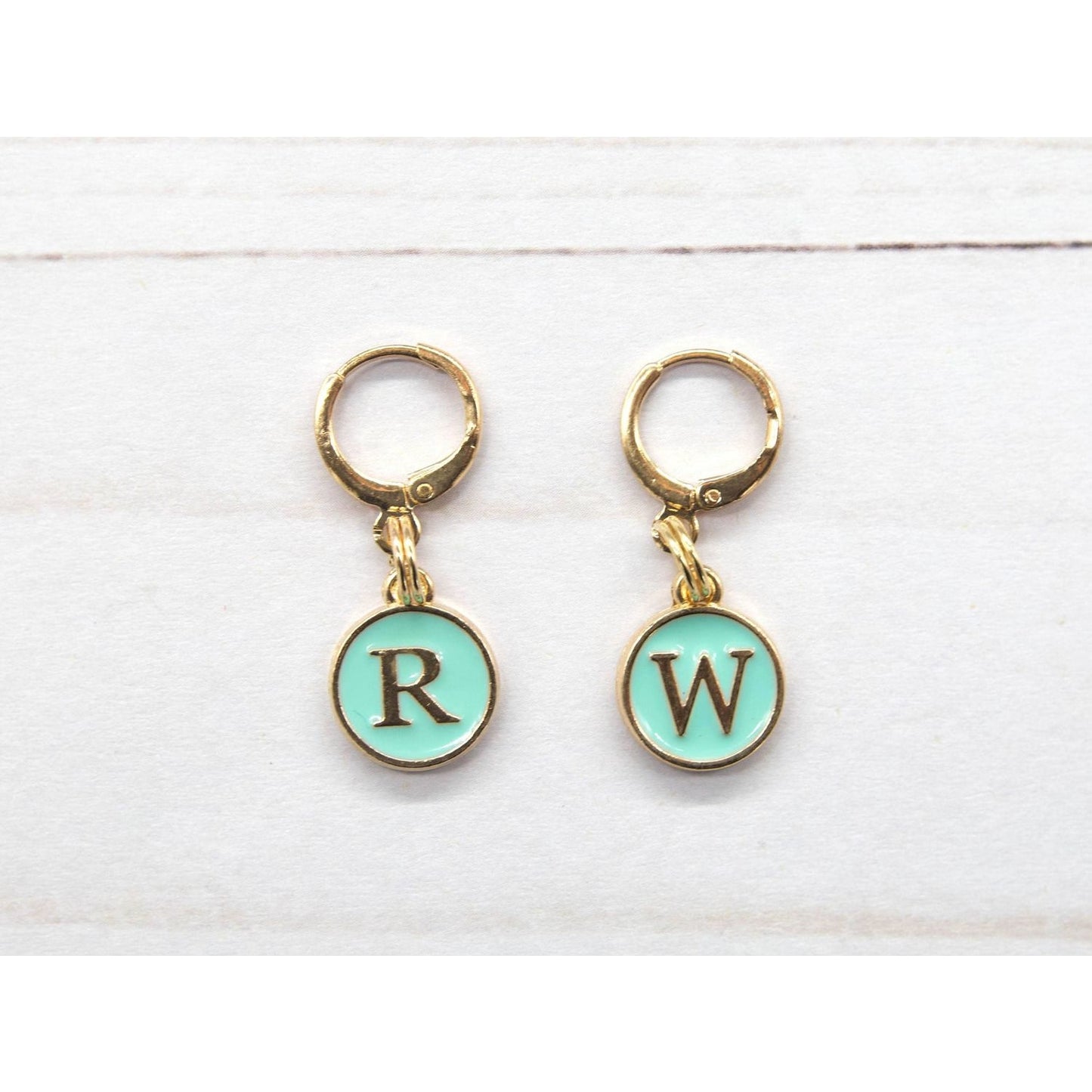 Gold Stitch Markers for Crocheting with Mint Green Circular Tags R and W by Fox & Pine Stitches