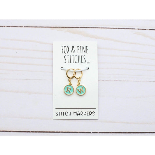 Fox & Pine Stitches Stitch Markers for Crocheting with initials RW on a display card