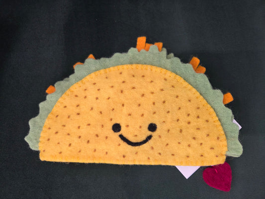 Frabjous Fibers taco pouch cute felt taco coin pouch with smiling face lettuce and orange garnish heart tag