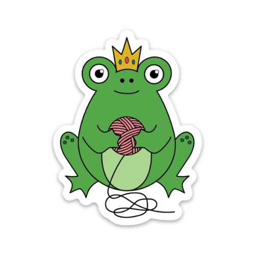 Cute frog sticker wearing a crown and holding a ball of yarn, perfect for crafting enthusiasts