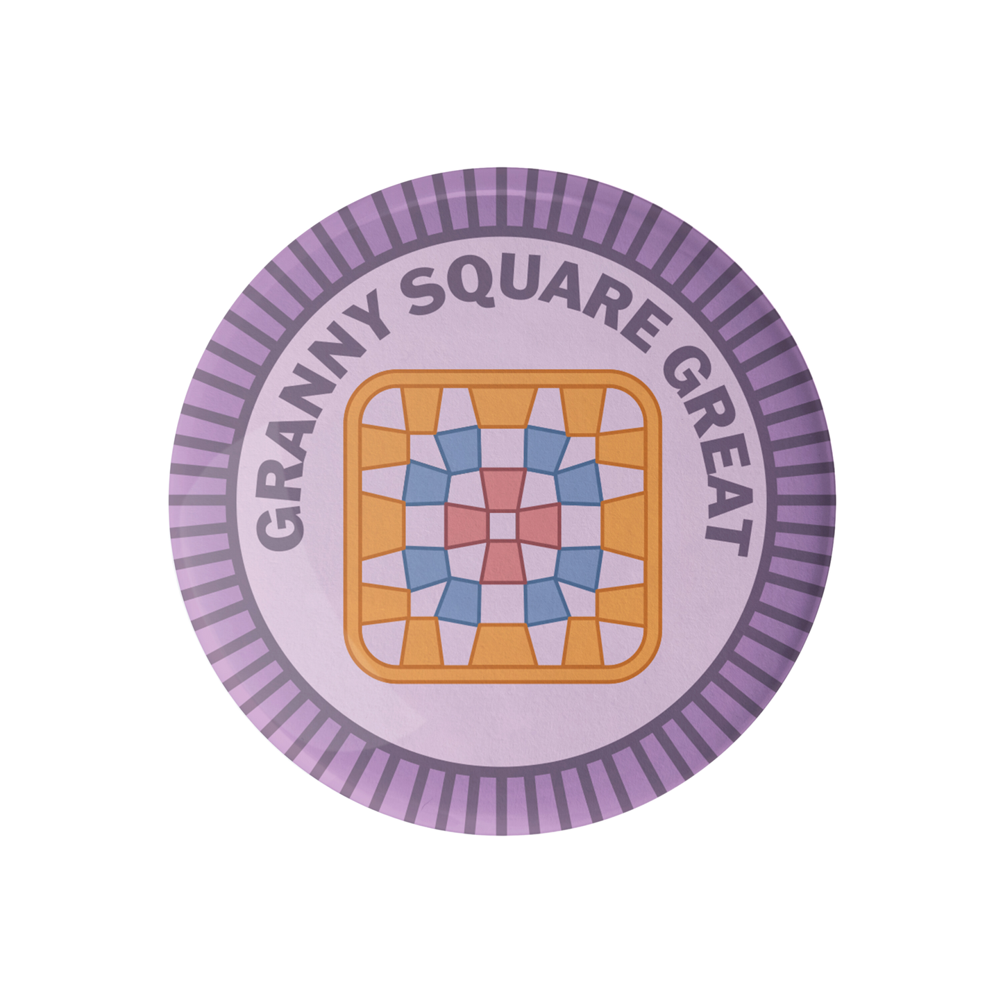 Camp Stitchwood round sticker featuring a square granny square pattern design with colorful shapes