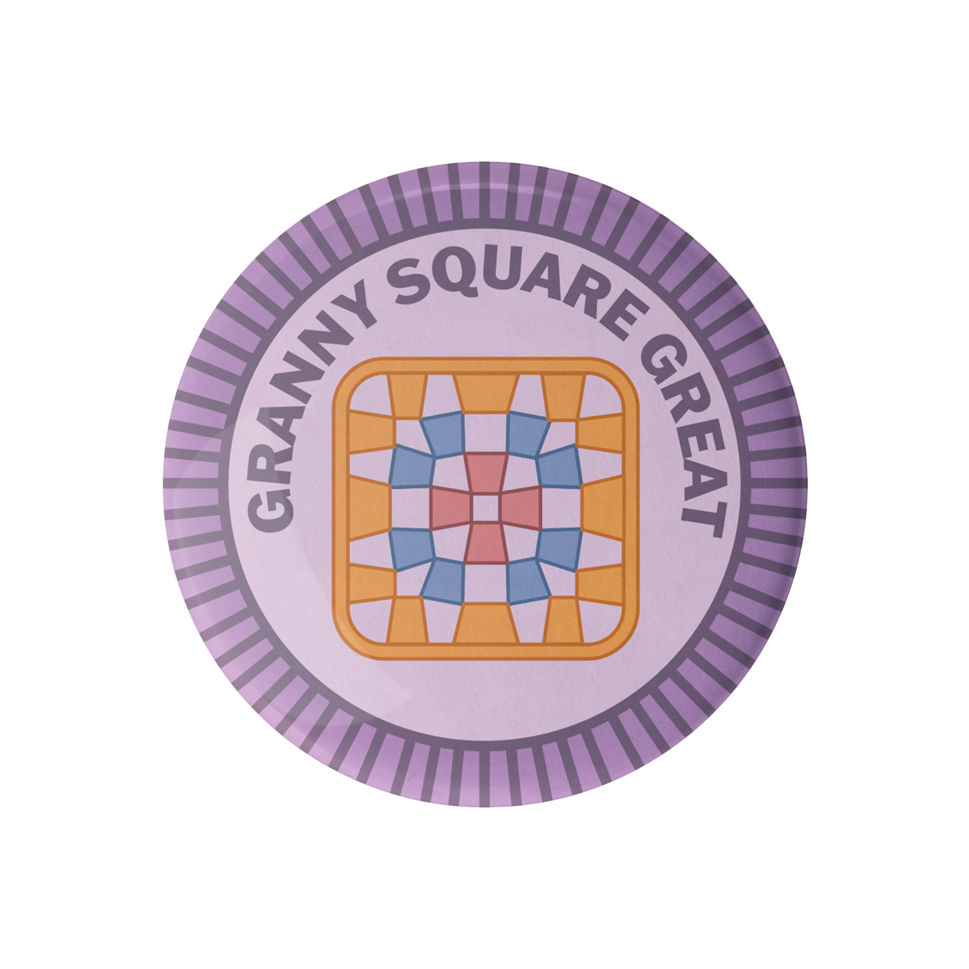 Camp Stitchwood round sticker featuring a square granny square pattern design with colorful shapes