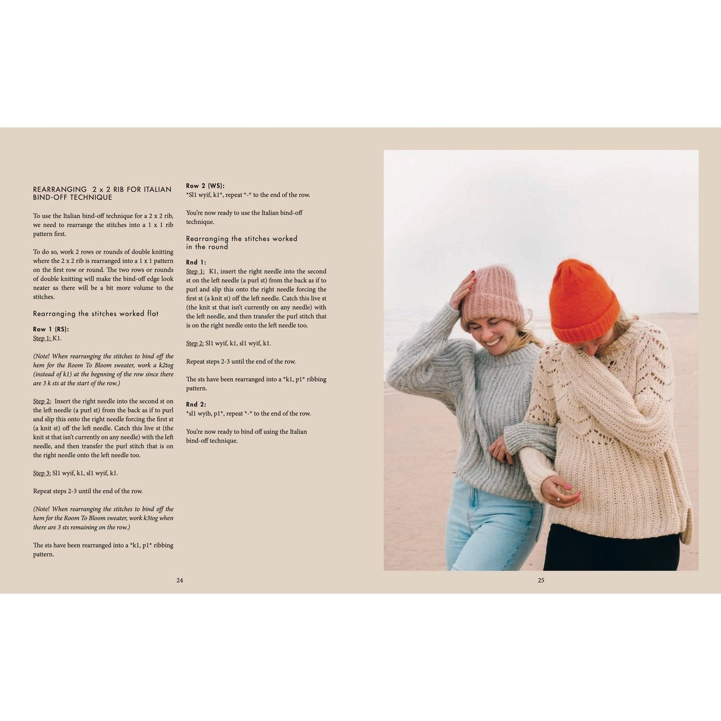 Two women by the beach wearing cozy sweaters showcasing patterns in knitting in a stylish photo