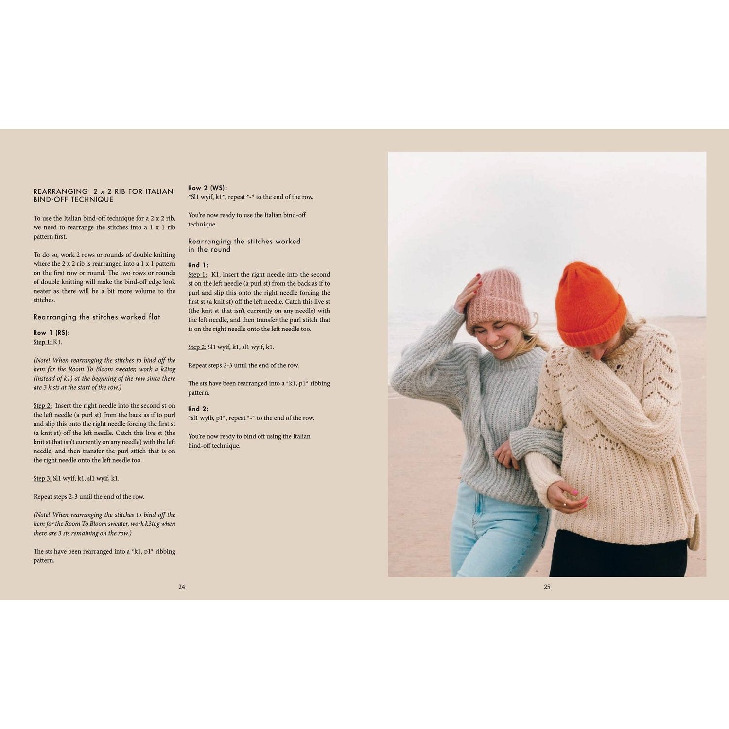Two women by the beach wearing cozy sweaters showcasing patterns in knitting in a stylish photo