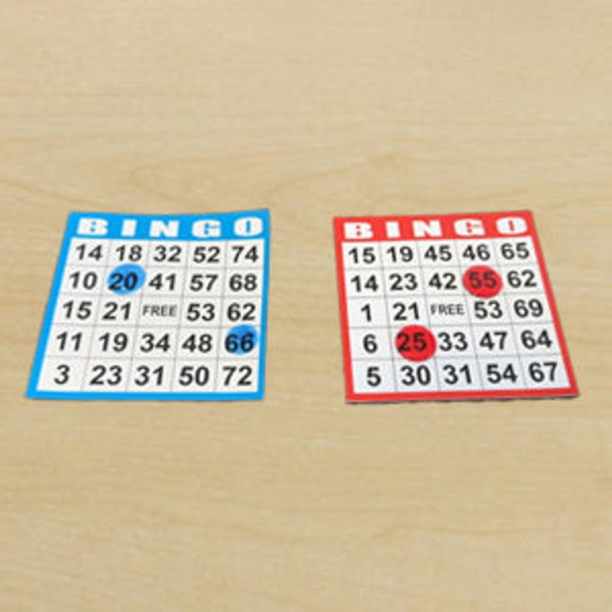 Two bingo cards in blue and red for the Halloween bingo night event featuring numbers and free spaces