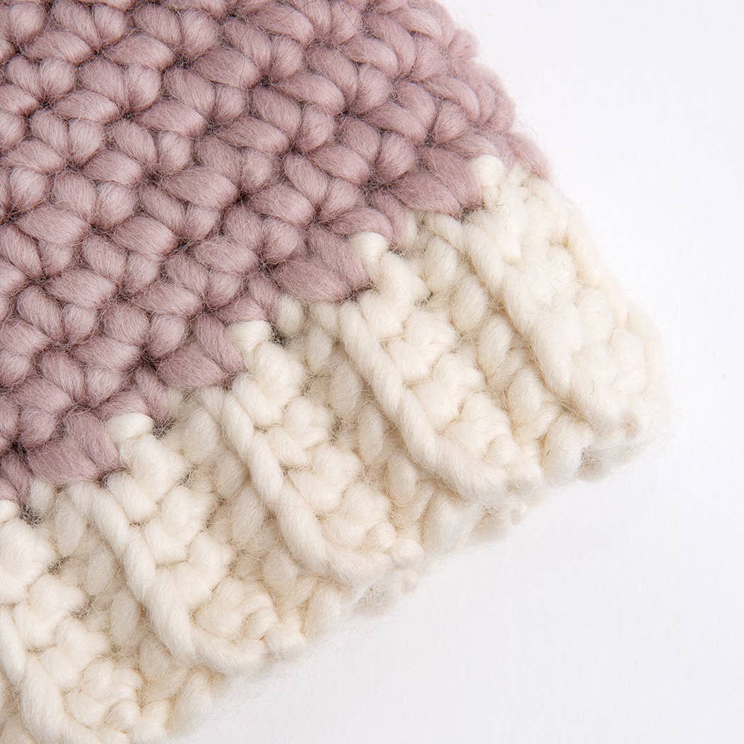 child wool bunny hat pattern chunky two tone knit mauve crown cream ribbed brim Wool Couture Company