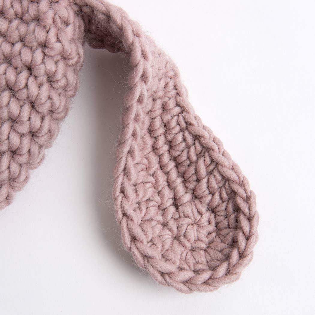 child wool bunny hat pattern dusty pink chunky knit bunny ear closeup by Wool Couture Company