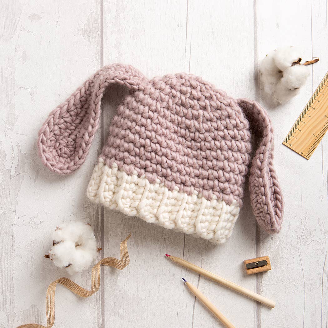 child wool bunny hat pattern pink and cream chunky knit hat with floppy ears by Wool Couture Company