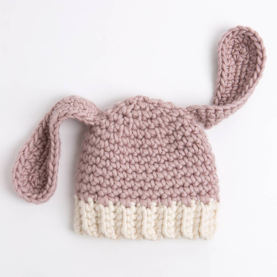 child wool bunny hat pattern chunky pink and cream knit baby beanie with long floppy ears